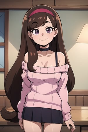 mabel pines, (masterpiece), (best_quality), off-shoulder_sweater, 1girl, bare_shoulders, cable_knit, aran_sweater, pink_sweater, purple_sweater, standing, brown_hair, red_hairband, black_eyes, smile, very_long_hair, solo, hairband, heart_choker, purple_skirt, collarbone, cowboy_shot, bra_strap, ribbed_sweater, Mabel Pines, indoors