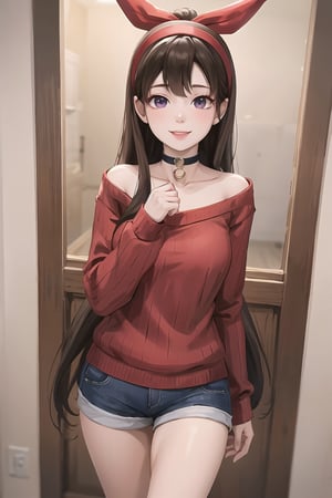 mabel pines, (masterpiece), (best_quality), sweater, cute, 1girl,  cable_knit, aran_sweater, blue_sweater, purple_sweater, standing, brown_hair, red_hairband, black_eyes, smile, very_long_hair, solo, hairband, choker, shorts, cowboy_shot, ribbed_sweater, Mabel Pines