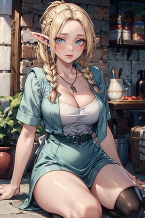 8k,HQ, (best quality, madly detailed CG unity 8k wallpaper,masterpiece,madly detailed photo:1.2), (realistic eyes:1.2), dmeshimarcil, picture-perfect face, blush, elf, (perfect female body), slim, hourglass body shape,(platinum blonde hair), braided ponytail, goddess, fantasy, breasts, dreamlike, charming, alluring, seductive, enchanting, makeup, (wearing only green apron), silver necklace, leaf earrings, trying to seduce, naked apron, downblouse, come hither, looking at viewer, solo,