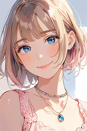 aestetic, best quality, 1girl, light brown hair, blunt ends, blunt bangs, medium hair, low ponytail, beautiful detailed eyes, blue eyes, beautiful face, gentle smile, closed mouth, head tilt, pink clothes, necklace, soft light, upperbody, blush, masterpiece, gradient_hair,