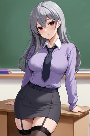 mature female, teacher, long black hair, multicolored hair, red eyes, purple sweater, small breasts, beautiful, classroom, sleeves pushed up, beautiful day, attractive, chalkboard, 1girl, female teacher, necktie, grey hair, black garter belt, sfw, pencil skirt, office lady,milf