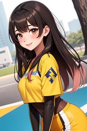 1girl, blonde hair, {black IncursioDipDyedHair}, two-tone hair, colored tips, two sides up, bolt pattern, blush, brown eyes, yellow clothes, brown clothes, sports, smile, striped, best quality,