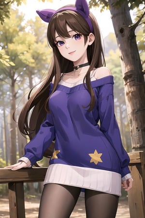 mabel pines, (masterpiece), (best_quality), sweater, 1girl,  cable_knit, aran_sweater, blue_sweater, purple_sweater, standing, brown_hair, hairband, black_eyes, star_print, smile, very_long_hair, solo, purple_hairband, choker, pantyhose, cowboy_shot, ribbed_sweater, Mabel Pines, outdoors, forest