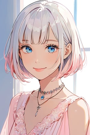 aestetic, best quality, 1girl, white hair, blunt ends, blunt bangs, medium hair, bobcut, beautiful detailed eyes, blue eyes, beautiful face, gentle smile, closed mouth, head tilt, pink clothes, necklace, soft light, upperbody, blush, masterpiece, gradient_hair,