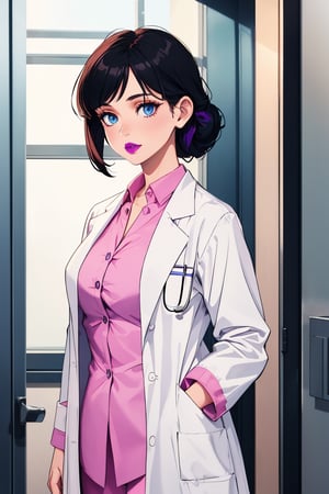 mature woman, 1girl, single hair bun, black hair, blue eyes, swept bangs, doctor, lab coat white coat, pink shirt, solo, standing, purple lipstick