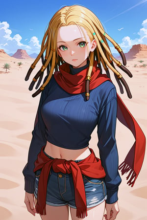 score_9, score_8_up, score_7_up, score_6_up, high quality, source_anime, BREAK, 1girl, blonde hair, (dreadlocks:1.2), forehead, red scarf, long sleeves, turtleneck sweater, dark blue sweater, midriff, denim shorts, green eyes, red clothes around waist,  cowboy shot, desert, outdoors, sand, day, looking at viewer, source_anime, solo, long hair