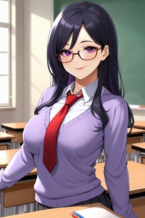 mature female, teacher, long black hair, glasses, multicolored hair, red eyes, purple sweater, small breasts, beautiful, classroom, sleeves pushed up, beautiful day, attractive, chalkboard, 1girl, female teacher, necktie, sfw, office lady, milf, detailed clothes, small smile