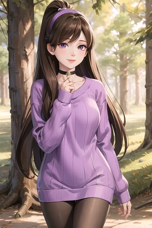 mabel pines, (masterpiece), (best_quality), sweater, cute, 1girl,  cable_knit, aran_sweater, blue_sweater, purple_sweater, standing, brown_hair, hairband, black_eyes,star print, smile, very_long_hair, solo, purple_hairband, choker, pantyhose, cowboy_shot, ribbed_sweater, Mabel Pines, outdoors, forest