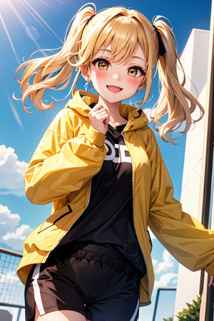 1girl,  two-tone hair blonde hair black hair, blonde hair, two side up,, {roots_(hair)} , bolt print, blush, brown eyes, yellow clothes, brown clothes, smile, striped, best quality, sports, shorts