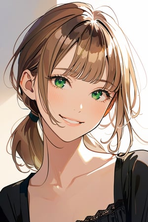aestetic, best quality, 1girl, light brown hair, blunt ends, blunt bangs, medium hair, low ponytail, beautiful detailed eyes, green eyes, beautiful face, gentle smile, closed mouth, head tilt, black clothes, collarbone, soft light, upperbody, blush, masterpiece, gradient_hair, brown hair