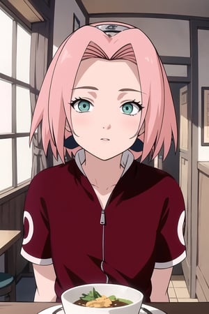 masterpiece, 1girl, (incoming_kiss), pov kiss, restaurant, green_eyes, short sleeves, beautiful, pink_hair, close_up, short_hair, perfect_eyes, indoors, cinematic lighting, haruno sakura, atmospheric, looking_at_viewer, forehead_protector, kissing_viewer, small_breasts,