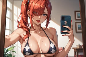 score_9, score_8_up, score_8, best quality, 1girl, black side ponytail hair, red lipstick, hair covering one eye, taking a selfie, wearing a revealing sexy bikini, solo, score_9_up, score_7_up, score_6_up, realistic skin texture, cinematic light, detailed, facing viewer, selfie, source anime, hair covering eyes, asymmetric_bangs, eye pattern eye pront bikini