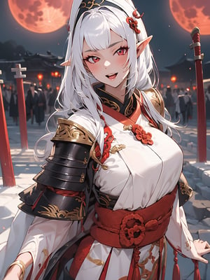 1girl,18 years old,beautiful elven girl,(((onmyouji))),(((suikan))),sexy armour, red moon backgroud, breasts out, open mouth, smile, 