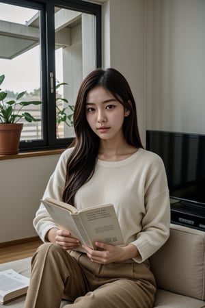 8k, highest quality, ultra details, modern life, young Korean girl, indoor setting, cozy living room, reading a book, warm lighting, comfortable sofa, plants,<lora:659111690174031528:1.0>