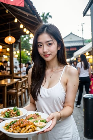 (8K, Ultra high res:1.1) Nguyen, an 18-year-old Vietnamese girl, embarks on a dynamic street food adventure. She indulges in a variety of delicious Vietnamese dishes while wearing a casual yet stylish outfit. Nguyen's captivating brown eyes, flawless complexion, and long black hair are highlighted in the high-resolution image. The vibrant street food stalls and the mouthwatering aroma of Vietnamese cuisine add to the energetic atmosphere, capturing Nguyen's love for culinary exploration and her youthful appetite for new experiences.