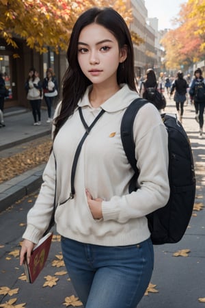 8k, highest quality, ultra details, realistic young female student, holding a stack of textbooks, backpack slung over shoulder, walking through a bustling university campus, autumn leaves falling.
