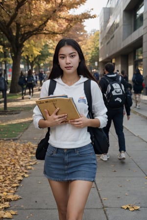 8k, highest quality, ultra details, realistic young female student, holding a stack of textbooks, backpack slung over shoulder, walking through a bustling university campus, autumn leaves falling.
