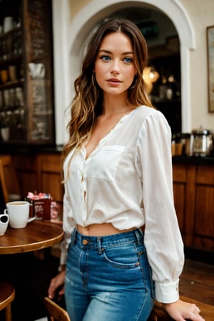 (8K, Ultra high res:1.1) Claire, a stunning European-American woman in her late 20s, enjoys a delightful encounter at a charming cafe. She wears a chic Blouse with High-Waisted Jeans, showcasing her effortless style. The high-resolution image captures ultra-detailed realism, highlighting Claire's captivating blue eyes, porcelain complexion, and flowing blonde hair. The cozy cafe with its artistic decor and steaming cups of coffee adds to the intimate atmosphere, creating a visually captivating representation of Claire's European sophistication.