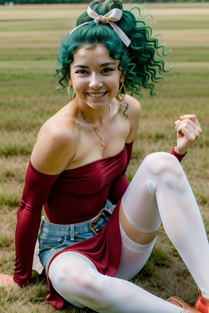 masterpiece, best quality, tina branford, (cute face), 16yo, green hair, cape, earrings, red dress, detached sleeves, hair ribbon, clothes around waist, print legwear, looking at viewer, closed mouth, smile, sitting on ground, grass,realistic hands