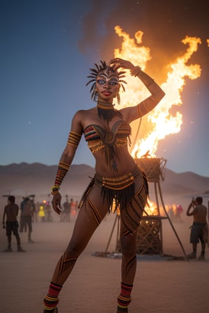 editorial style photo reportage, wide-angle camera lens, full visible figure of a stunning flirty woman, dressed tribal and futuristic, tribal makeup, while dancing at a bonfire during the-burning-man festival, highly detailed, cinematic light, --ar 17:22 --q 2 --s 750 --c 4 --v 5