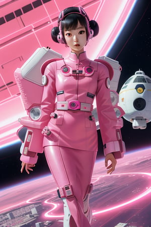 an incredible beautiful japanese cute young woman in a science fiction movie, wearing pink fendi cyborg haute couture in a pink retro futurist space craft, in the style of wes anderson, fashion editorial, fashion photography --ar 4:5 --v 5
