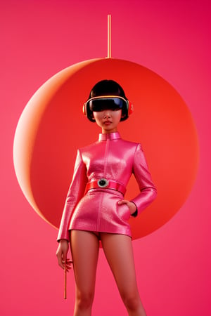 an incredible beautiful japanese cute young woman in a science fiction movie, wearing pink fendi cyborg haute couture in a pink retro futurist space craft, in the style of wes anderson, fashion editorial, fashion photography --ar 4:5 --v 5
