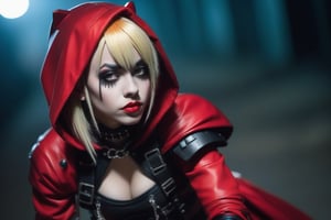 A model shot of a cybergoth girl dressed as a cybergoth ridding red hood. Blur backgroud, cinematic lighting, high contrast, blonde, bobbed_hair