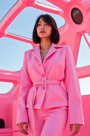 an incredible beautiful japanese cute young woman in a science fiction movie, wearing pink fendi cyborg haute couture in a pink retro futurist space craft, in the style of wes anderson, fashion editorial, fashion photography --ar 4:5 --v 5
