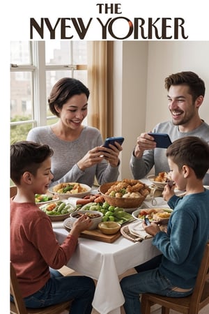 A New Yorker style magazzine cover depicting a family eating turkey for Dinner, everybody laughing looking at their cellphones,  complex_background, intrincate detail, colored pencil style, 