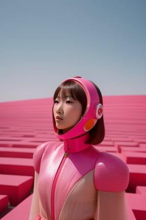 an incredible beautiful japanese cute young woman in a science fiction movie, wearing pink fendi cyborg haute couture in a pink retro futurist space craft, in the style of wes anderson, fashion editorial, fashion photography --ar 4:5 --v 5
