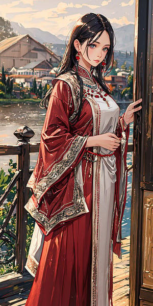 female model, (standing right side straight), view from far away  traditional long clothes but tightly fit,realistic hands