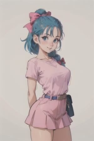 (masterpiece, best quality:1.2), cowboy shot, solo, 1girl, bulma, smile, looking at viewer, arms behind back, braided ponytail, blue hair bow, pink shirt, short sleeves, pink skirt belt pouch,, purple kerchief,(large breats 1.2) ,cartoon ,real