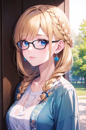 (masterpiece,more detail:1.1, best quality:1.3), (outdoor:1.3), 1girl, solo, bangs, blonde hair, blue eyes, braid, closed mouth, earrings, eyebrows visible through hair, glasses,