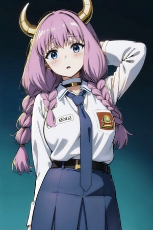 (masterpiece,  Visual_Anime, Baju SMA,  more detail:1.1,  best quality:1.3),  (simple background:1.3),  highres,  detailed background, , aura the guillotine, 1girl, demon horns, solo,  multiple braids,  looking at viewer,  blush, thick eyebrows,  Karakter Anime Pake Baju SMA,  blue skirt,  (((blue necktie))),  open mouth,  upper body,  standing,  kneehighs,  parted lips,  Lambang Osis SMA,  black belt,  blue flat background,  looking at viewer,  open mouth
BREAK
(long white sleeve:1.2),  shiny hair,  anime color,VisualAnime