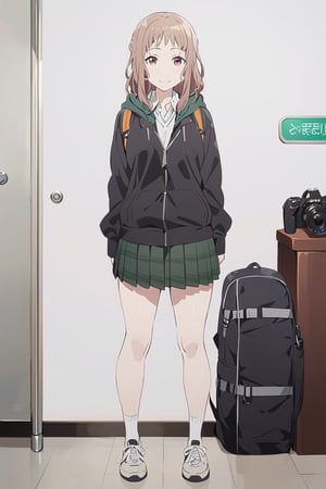 Visual Anime, masterpiece, best quality, @Komiya, Komiya_Ena, 1girl, solo, breasts, 20 y.o, brown hair, smile, closed mouth, white collar shirt, V Neck Sleeveless Sweater , Black Jaket, Green Hoodie, Long Green Skirt covered knee, bag, backpack, camera bag, white background, fullbody, standing, shoes, white sock, clean background, long shoot, hal sleeve