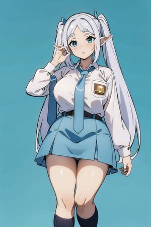 (masterpiece,  Visual_Anime,  more detail:1.1,  best quality:1.3),  (simple background:1.3),  highres,  detailed background,  1girl, elf, solo,  twintails,  looking at viewer,  blush,  green eyes, thick eyebrows,  Karakter Anime Pake Baju SMA,  blue skirt,  (((blue necktie))),  parted bangs,  open mouth,  white shirt,  upper body,  standing,  kneehighs,  white hair,  parted lips,  Lambang Osis SMA,  black belt,  blue flat background,  mature,  large breasts,  looking at viewer,  open mouth
BREAK
(long white sleeve:1.2),  shiny hair,  anime color,