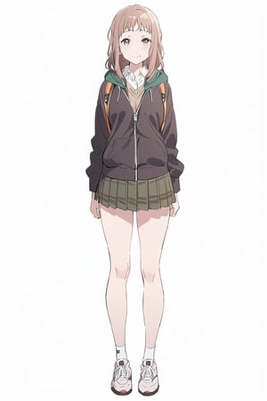 Visual Anime, masterpiece, best quality, @Komiya, Komiya_Ena, 1girl, solo, breasts, 20 y.o, brown hair, smile, closed mouth, white collar shirt, brown V Neck Sleeveless Sweater , Black Jaket, Green Hoodie, (half length skirt), backpack, white background, fullbody, standing, shoes, white sock, clean background, long shoot, roll sleeve