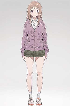 Visual Anime, masterpiece, best quality, @Komiya, Komiya_Ena, 1girl, solo, breasts, 20 y.o, brown hair, smile, closed mouth, white collar shirt, Pastle Purple Jaket, hood, Green_Skirt, white background, fullbody, standing, shoes, white sock, clean background, long shoot,