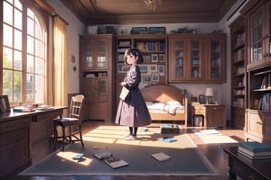 (masterpiece,more detail:1.1, best quality:1.3), (room:1.3), books, globe, screens, windows, wires, mess, A little girl combed her mothers hair, fullbody