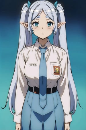 (masterpiece,  Visual_Anime,  more detail:1.1,  best quality:1.3),  (simple background:1.3),  highres,  detailed background,  1girl, elf, solo,  twintails,  looking at viewer,  blush,  green eyes, thick eyebrows,  Karakter Anime Pake Baju SMA,  blue skirt,  (((blue necktie))),  open mouth,  white shirt,  upper body,  standing,  kneehighs, long hair, white hair,  parted lips,  Lambang Osis SMA,  black belt,  blue flat background,  mature,  flat breasts,  looking at viewer,  open mouth
BREAK
(long white sleeve:1.2),  shiny hair,  anime color,V