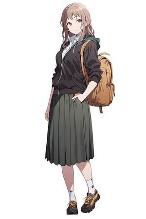 Visual Anime, masterpiece, best quality, @Komiya, Komiya_Ena, 1girl, solo, breasts, 20 y.o, brown hair, smile, closed mouth, white collar shirt, brown V Neck Sleeveless Sweater , Black Jaket, Green Hoodie, (half length skirt), 1/2 long skirt, backpack, white background, fullbody, standing, shoes, white sock, clean background, long shoot, rolled up  sleeve