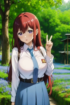 (masterpiece,  Visual_Anime,  more detail:1.1,  best quality:1.3),  (Outdoor:1.3),  highres,  detailed background,  Makise_Kurisu,  1girl,  solo,  long hair,  looking at viewer,  blush,  bangs,  purple eyes,  Karakter Anime Pake Baju SMA,  blue skirt,  (((blue necktie))),  hair between eyes,  open mouth,  white shirt,  upper body,  standing,  kneehighs,  red hair,  parted lips,  Lambang Osis SMA,  black belt,  hand up,  grass, plant, white flower, red flower, nature, scenery, forest, blue flower, light rays, yellow flower, path, tree stump,  blurry,  blurry background,  sunlight,  mature,  large breasts,  looking at viewer,  open mouth
BREAK 
(long white sleeve:1.2),  upper body,  shiny hair,  anime color,  Anime,,VisualAnime,komako