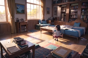 (masterpiece,more detail:1.1, best quality:1.3), (room:1.3), books, globe, screens, windows, wires, mess, A little girl combed her mothers hair, fullbody, anime style, makoto shinkai, 