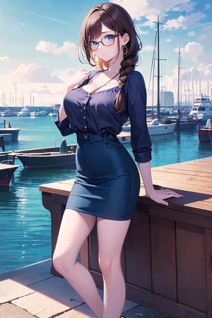 (masterpiece,more detail:1.1, best quality:1.3), (harbor:1.3), blue theme, 1girl, solo, bangs, brown hair, blue eyes, one braid, closed mouth, earrings, eyebrows visible through hair, glasses, big breasts, skinny, full body, medium shoot, casual outfit, blue sky, clouds, wallpaper