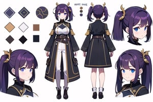 (CharacterSheet:1), {{design character sheet}}, girl, teen, (violet hair), long hair, pony_tail, dragon horn, white military jacket, arm belt, black trousers , casual, different pose, {{{different angle (up, down, left, right back view, back facing, sideways}}}, {different expression}}, different point of view, optimal arrange, {{there is space}}, do not overlap, white flat background, {{not cut of}}, margin boarder 2 space, (upper body and waist up), dinamyc angle, {illustration}, cinematic angle, {{{pattern of clothes}}}, {{{cute}}}, (beautiful detailed eyes), 4x3, Perfect Finger, perfect anatomy, perfect arm, perfect hand, ciastuysha style, pemandangan keren, animasi tangkapan layar, large breast, (multiple views, full body, upper body, reference sheet:1)