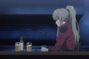 Visual Anime, masterpiece, best quality, @Drei, solo, long hair, ponytail, looking at view, green eyes, black overbust corset, cal red cropped jacket, closed mouth, brown hair, indoors, side view, glass, beer, bar, table bar, bottle beer, blurry background, anime_screencap, fake_screenshot, dark, sorrow, sad, Cal Devens, Cal Devens Adult-Ver, dark blue theme, night, cupboard, brick_wall