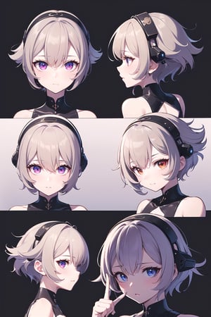 (design character sheet, girls same face in one picture , loli, knee up pose, youngest,same
face, different pose) sort pixie hair, messy hair, {{{dynamic hair}}}, {{visor caps}}, {{{different
angle (up, down, left, right back view, back facing, sideways}}}, {different expression}}, different point of view, optimal arrange, {{there is space}}, do not overlap, grey flat
background, {{not cut of}}, margin 2 space, dinamyc angle, {illustration}, {extremely detailed
CG unity 8k wallpaper}, {unity CG 8K wallpaper}, beautiful detailed,cinematic angle, finely
detailed, {{{cute}}}, (beautiful detailed eyes), best shadow, dynamic light, {{ultra detailed}}, {{{black_color_hair}}, {short_hair}, {{{red eyes}}}, {{masterpiece}}, {{best quality}}, {ultra- detailed}, {best illustration}, {an extremely delicate and beautiful}, {cinematic light}, (3/4
waist up pose) , perfect finger, {{(expressionless)}}, trial_typeKOF, cyborg head, Perfect
Finger, perfect anatomy, perfect arm, perfect hand, charachter sheet, concept art, multiple
views of the same character, flat white background, no cropping, {{{{{masterpiece character
design reference sheet}}}}},