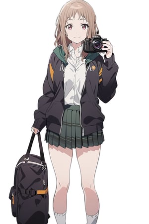 Visual Anime, masterpiece, best quality, @Komiya, Komiya_Ena, 1girl, solo, breasts, 20 y.o, brown hair, smile, closed mouth, white collar shirt, Black Jaket, Green Hoodie, skirt, Long Green skirt, Long Green Kirt, camera bag, white background, fullbody, standing, shoes, white sock, clean background, long shoot, hal sleeve