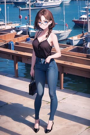 (masterpiece,more detail:1.1, best quality:1.3), (harbor:1.3), blue theme, 1girl, solo, bangs, brown hair, blue eyes, one braid, closed mouth, earrings, eyebrows visible through hair, glasses, medium breasts, skinny, full body, medium shoot, casual outfit,