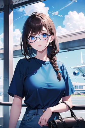(masterpiece,more detail:1.1, best quality:1.3), (airport:1.3), blue theme, 1girl, solo, bangs, brown hair, blue eyes, one braid, closed mouth, earrings, eyebrows visible through hair, (blue glasses), big breasts, skinny, medium shoot, casual outfit, blue sky, clouds, wallpaper, warm lighting, blurry foreground